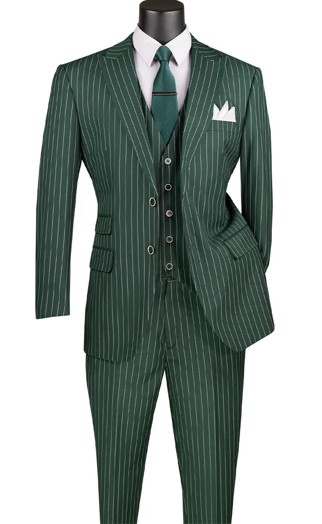 Hunter Green Regular Fit 3 Piece Suit 2 Button Gangster Stripe - Suits99