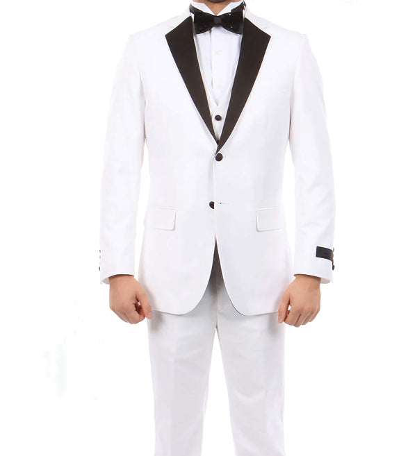White Modern Fit Tuxedo 3 Piece with Black Lapel 6 Button Vest - Suits99