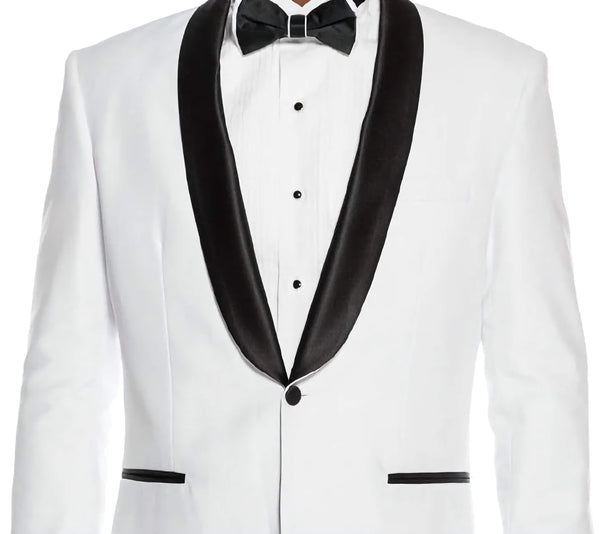 White Slim Fit 2 Piece Tuxedo With Satin Shawl Lapel - Suits99