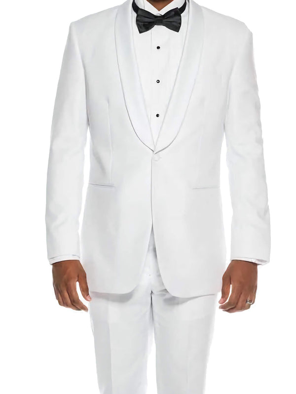 White Slim Fit 2 Piece Tuxedo With Satin Shawl Lapel - Suits99