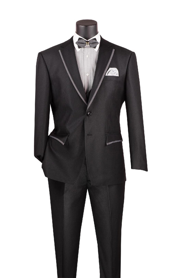 Modern Fit Vested Suit with Peak Lapel and Fancy Vest in Black