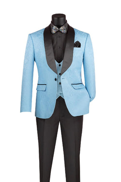 Light Blue Slim Fit 3 pcs Jacquard Fabric Single Button Vested Fashion Tuxedo Solid Black Pants