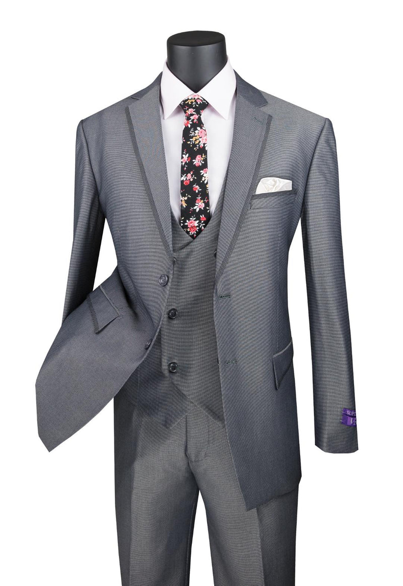Modern Fit Vested Suit with Peak Lapel and Fancy Vest in Charcoal