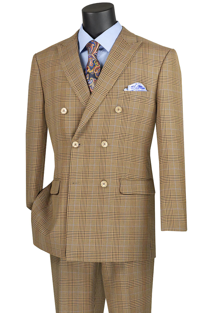 Mocha Double Breasted 2 Piece Suit Regular Fit Tone on Tone Windowpane - Suits99