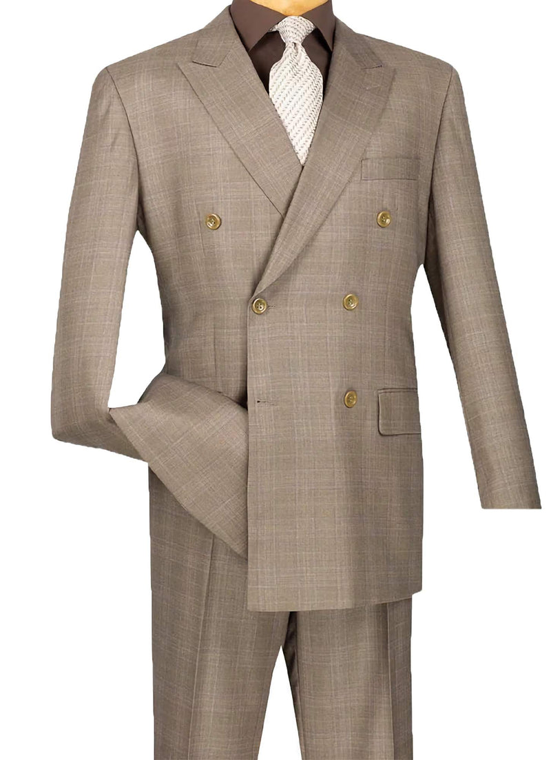 Tan Double Breasted 2 Piece Suit Regular Fit Glen Plaid - Suits99