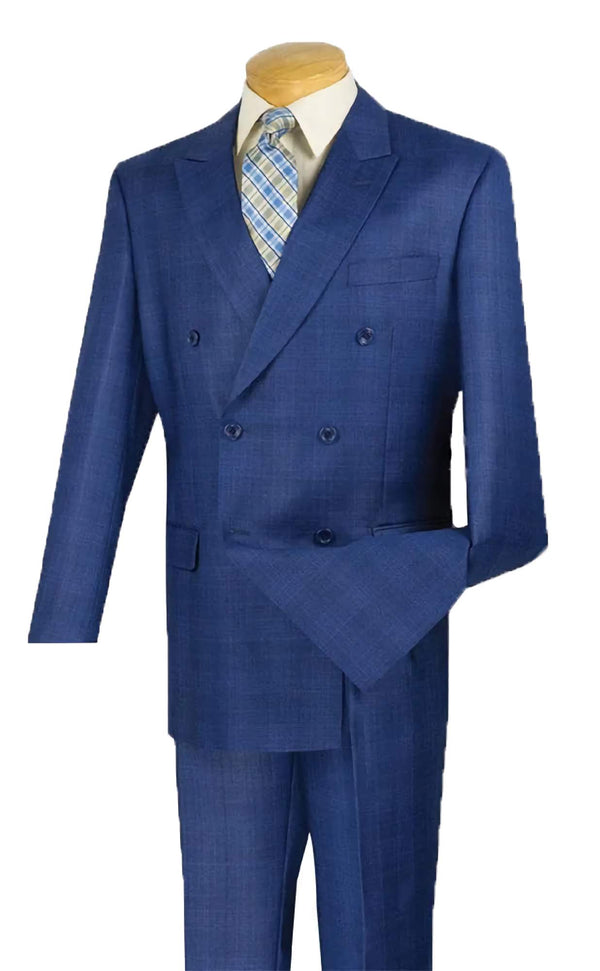 Blue Double Breasted 2 Piece Suit Regular Fit Glen Plaid - Suits99