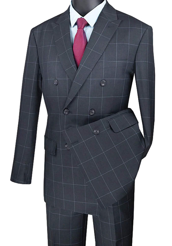 Gray Modern Fit Double Breasted Windowpane Peak