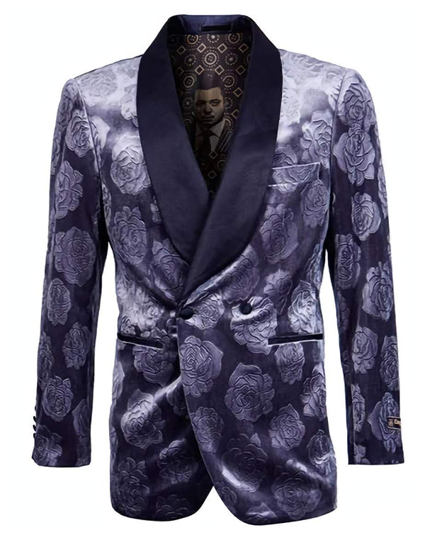 Slim Fit Royal Blue Floral Pattern Double Breasted Blazer