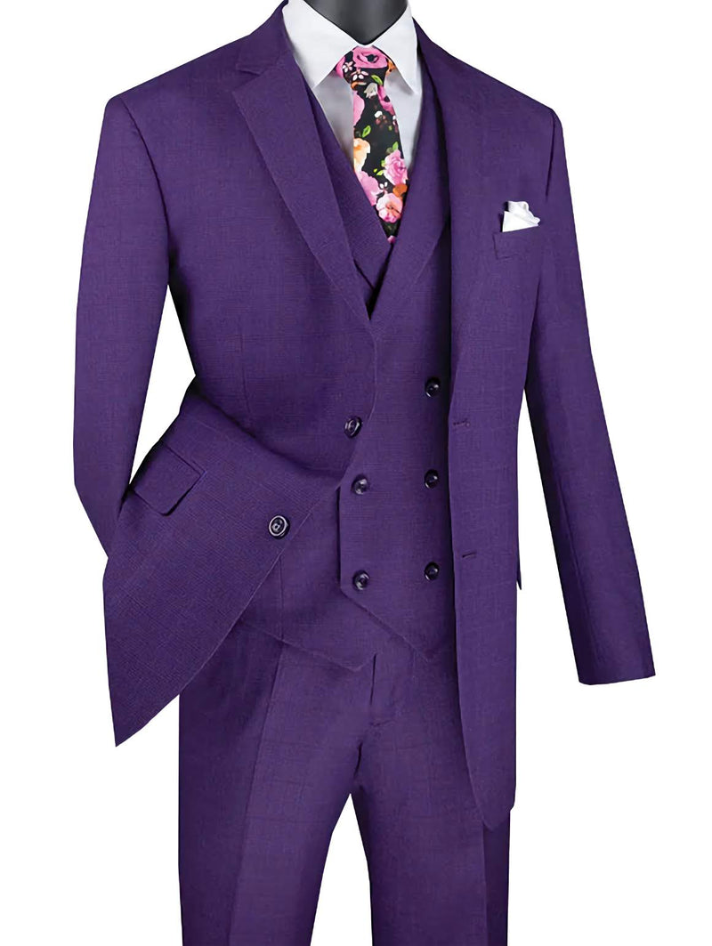 Victoria Collection - Purple Regular Fit Glen Plaid 2 Button 3 Piece Suit