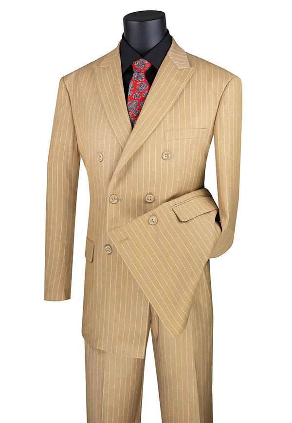 Rockfeller Collection - Double Breasted Stripe Suit Camel Regular Fit 2 Piece