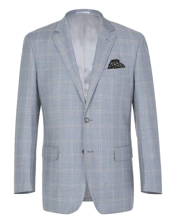 Wool Windowpane Pattern Regular Fit 2 Button Blazer in Stone Blue