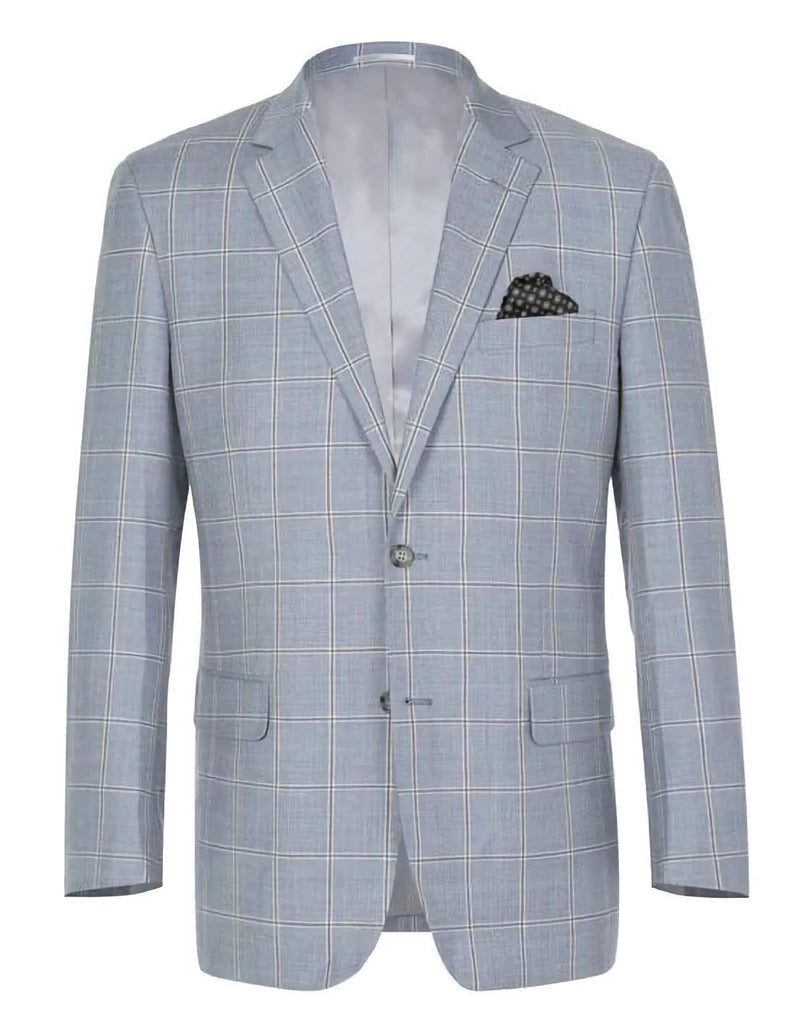 Wool Windowpane Pattern Regular Fit 2 Button Blazer in Stone Blue