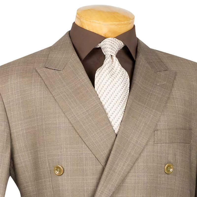 Tan Double Breasted 2 Piece Suit Regular Fit Glen Plaid - Suits99