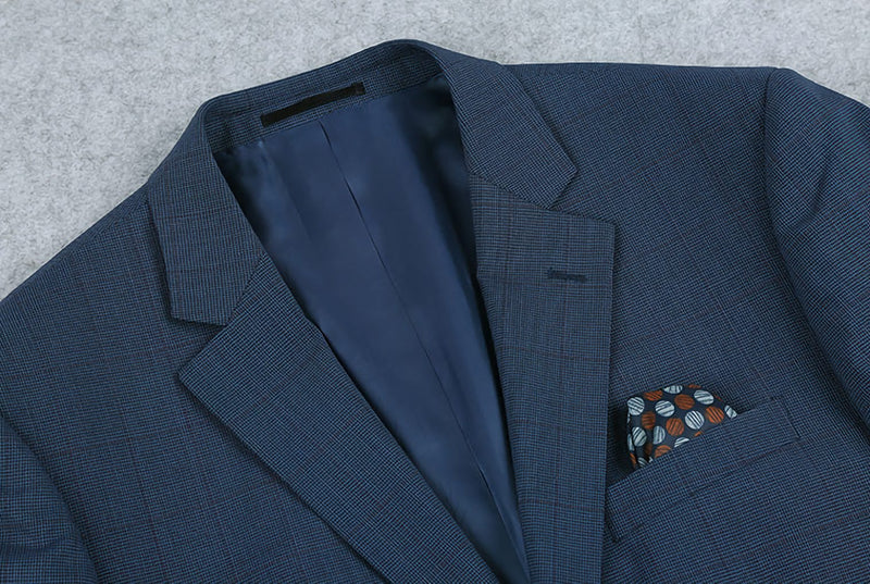 100% Wool Mini Check Pattern Regular Fit 2 Button Blazer in Blue - Suits99