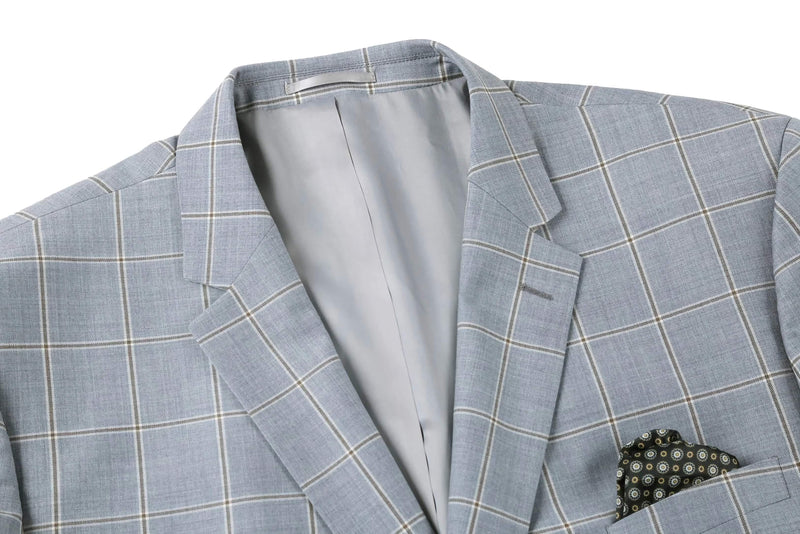 Wool Windowpane Pattern Regular Fit 2 Button Blazer in Stone Blue - Suits99