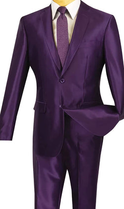 Purple Shiny Sharkskin 2 Piece 2 Button Slim Fit Suit