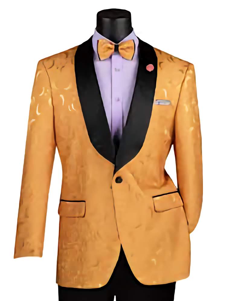 Gold Regular Fit Floral Pattern Jacket Shawl Lapel with bow tie - Suits99