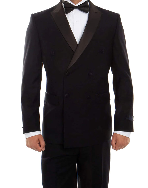 Double Breasted Slim Fit Tuxedo Black with Black Satin Peak Lapel - Suits99