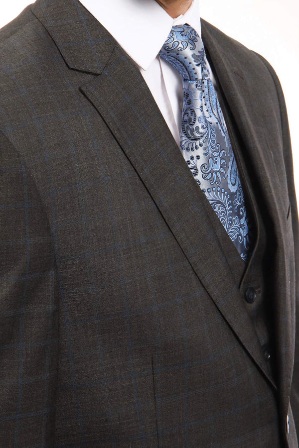 Wool Suit Modern Fit Windowpane 3 Piece in Dark Gray - Suits99