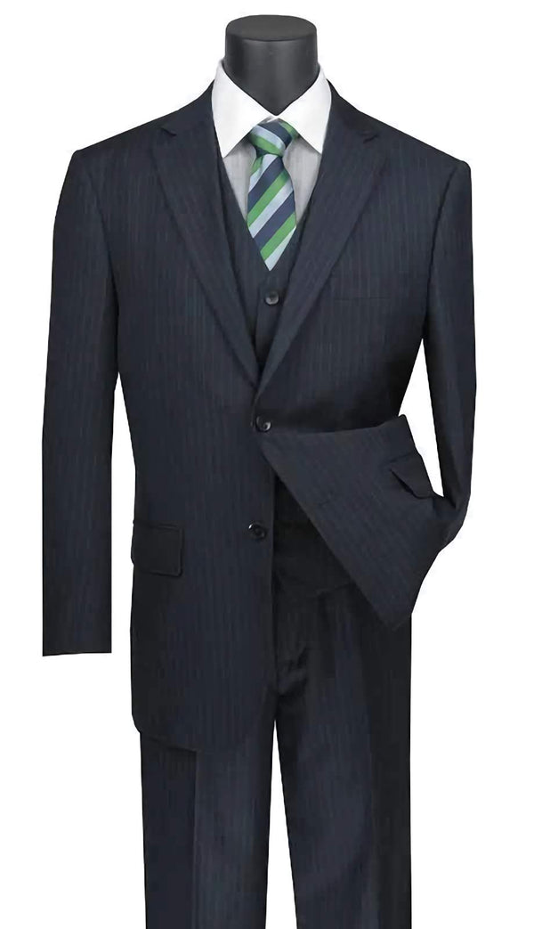 Stripe Collection - Regular Fit 3 Piece Suit 2 Button Tone on Tone Stripe in Navy