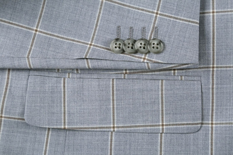Wool Windowpane Pattern Regular Fit 2 Button Blazer in Stone Blue - Suits99