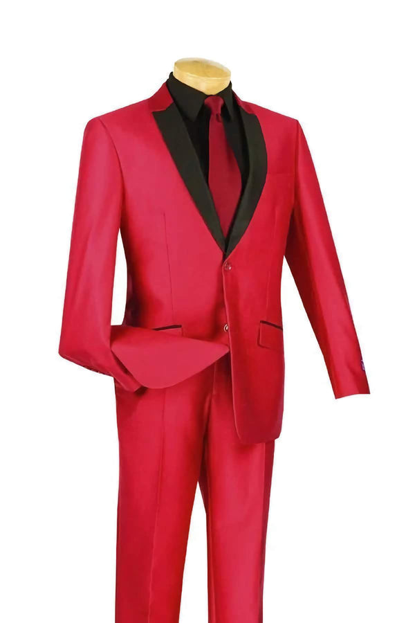 Slim Fit Shiny Sharkskin Men's 2 Piece Suit in Red - Suits99