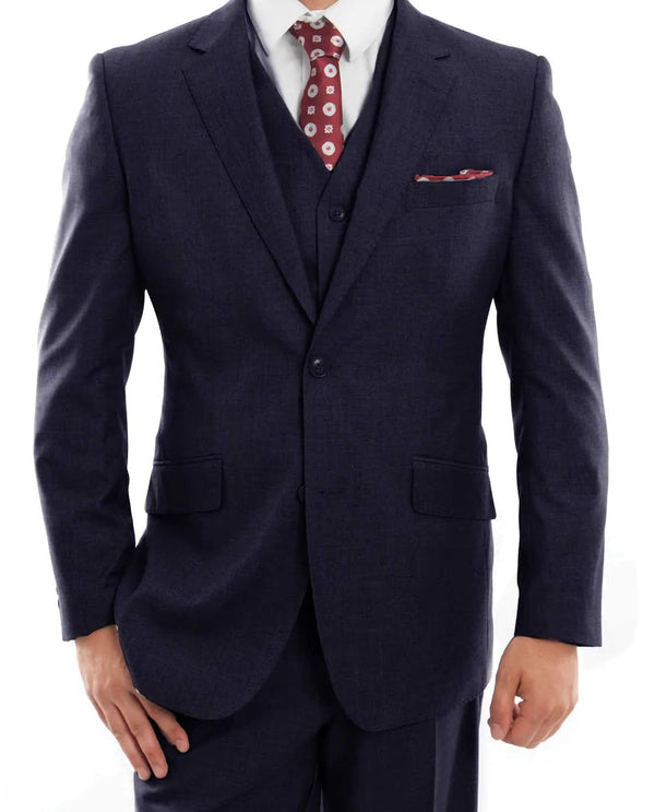 Wool Suit Modern Fit Italian Style 3 Piece in Navy