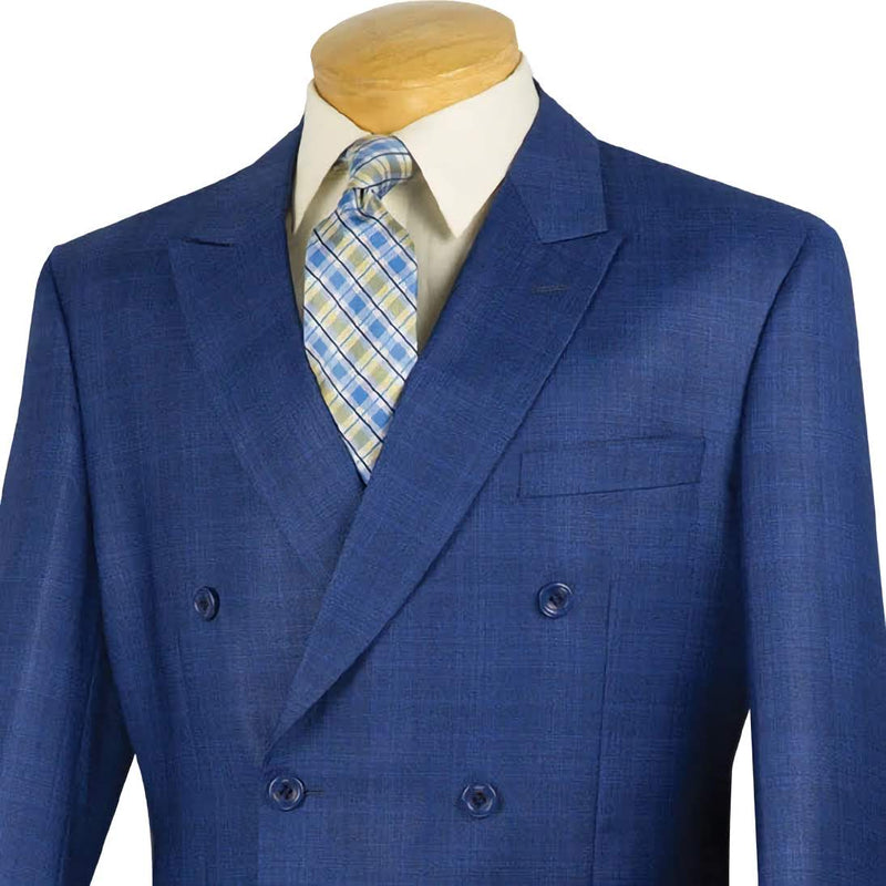 Blue Double Breasted 2 Piece Suit Regular Fit Glen Plaid - Suits99