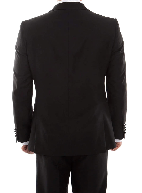 Double Breasted Slim Fit Tuxedo Black with Black Satin Peak Lapel - Suits99