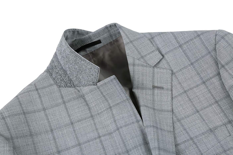 100% Wool Slim Fit Windowpane Dress Suit 2 Piece in Gray - Suits99