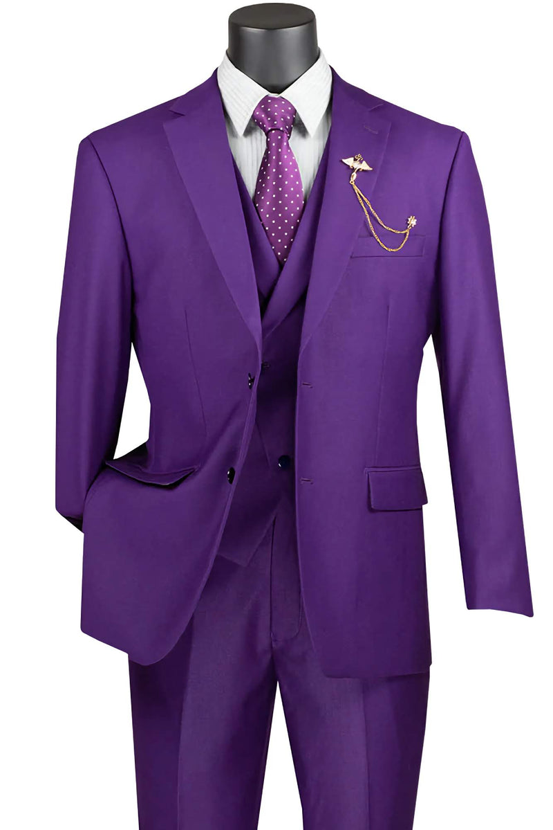 Purple Modern Fit 3 Piece Suit with Vest and Adjustable Waist Band Pants