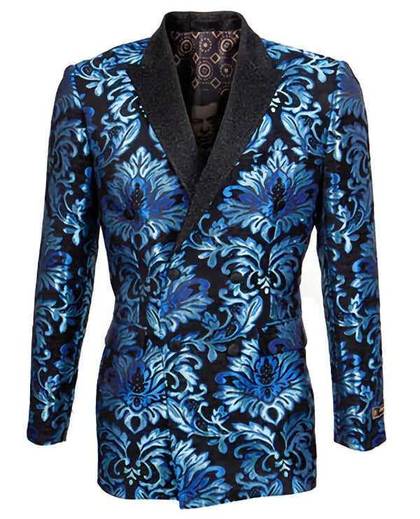 Slim Fit Turquoise Paisley Pattern Double Breasted Blazer - Suits99