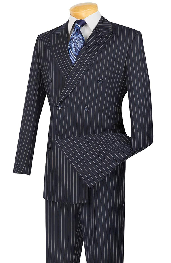 Rockefeller Collection - Double Breasted Stripe Suit Navy Regular Fit 2 Piece - Suits99