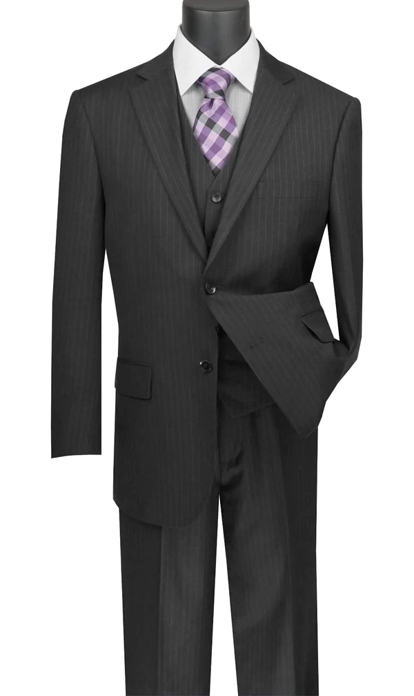 Stripe Collection - Regular Fit 3 Piece Suit 2 Button Tone on Tone Stripe in Black - Suits99