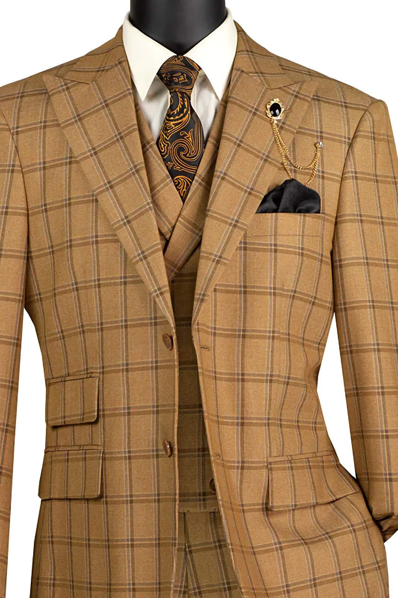 Tessori Collection - Modern Fit Windowpane Suit 3 Piece in Camel - Suits99