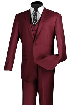 Slim Fit Suit 3 Piece 2 Button in Burgundy