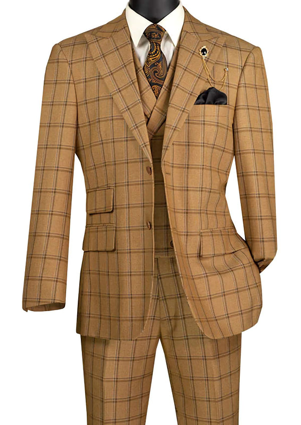 Tessori Collection - Modern Fit Windowpane Suit 3 Piece in Camel