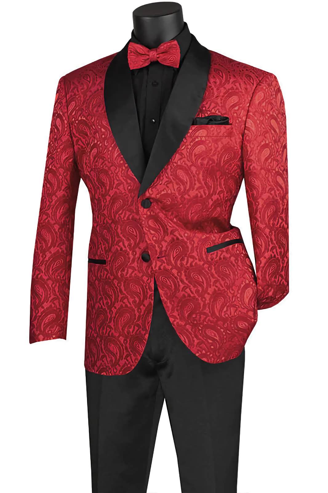 Red Modern Fit Paisley Pattern Jacquard Fabric Jacket with Bow Tie - Suits99