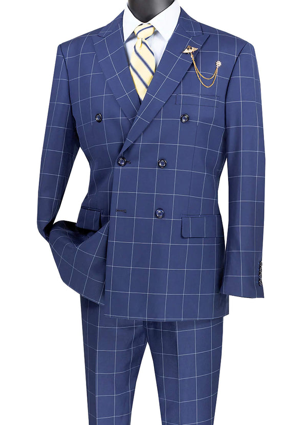 Napoli Collection-Blue Modern Fit Double Breasted Windowpane Peak Lapel 2 Piece Suit