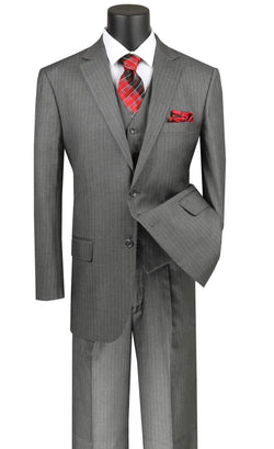 Stripe Collection - Regular Fit 3 Piece Suit 2 Button Tone on Tone Stripe in Gray - Suits99