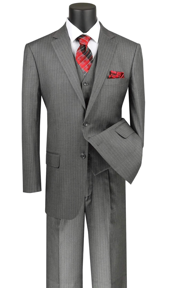 Stripe Collection - Regular Fit 3 Piece Suit 2 Button Tone on Tone Stripe in Gray - Suits99