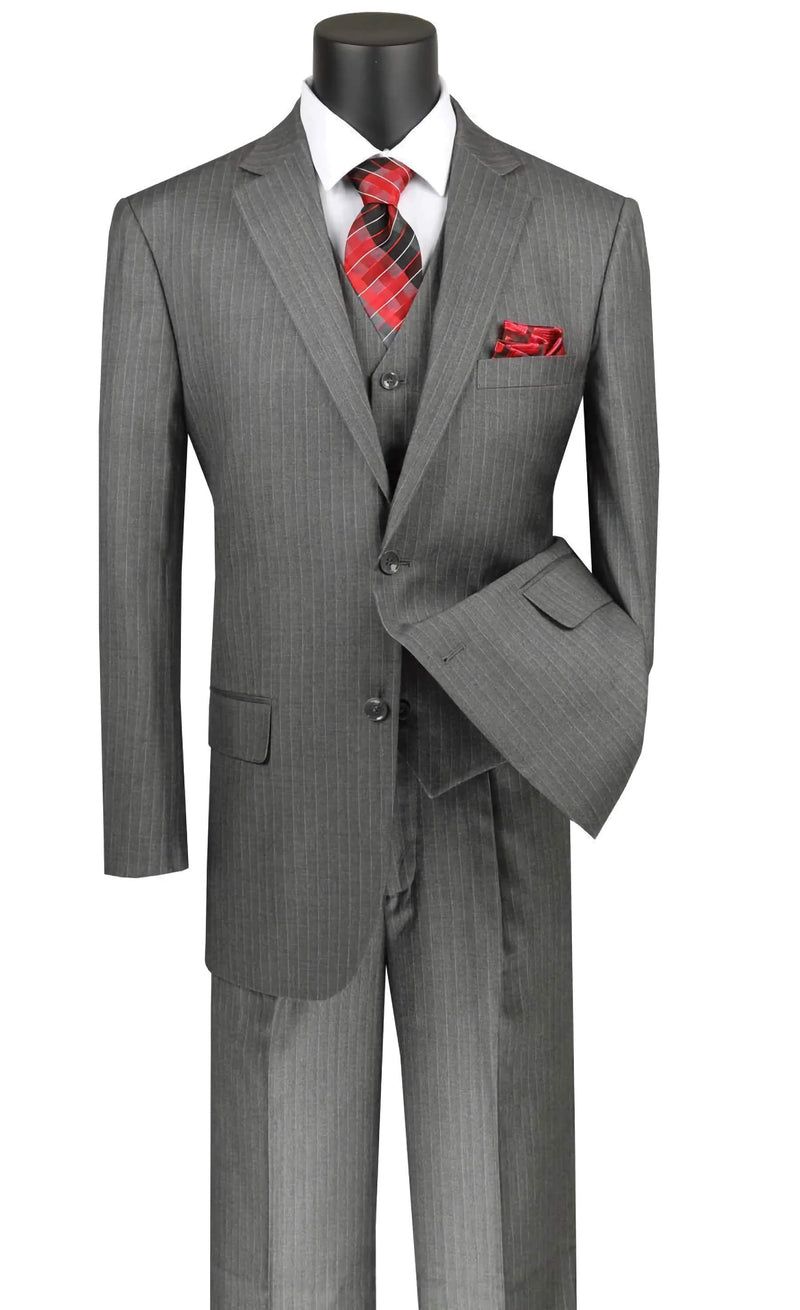 Stripe Collection - Regular Fit 3 Piece Suit 2 Button Tone on Tone Stripe in Gray - Suits99