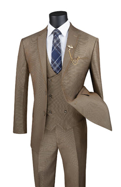 Modern Fit Vested Suit with Peak Lapel and Fancy Vest in Khaki