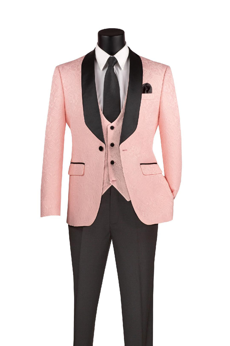 Pink Slim Fit 3 pcs Jacquard Fabric Single Button Vested Fashion Tuxedo Solid Black Pants