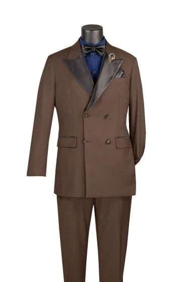 Double Breasted Regular Fit Tuxedo Brown with Black Satin Peak Lapel