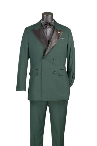 Double Breasted Regular Fit Tuxedo Hunter Green with Black Satin Peak Lapel