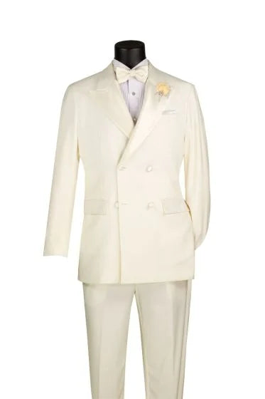 Double Breasted Regular Fit Tuxedo Ivory with Black Satin Peak Lapel - Suits99