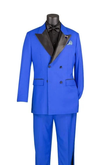 Double Breasted Regular Fit Tuxedo Royal Blue with Black Satin Peak Lapel
