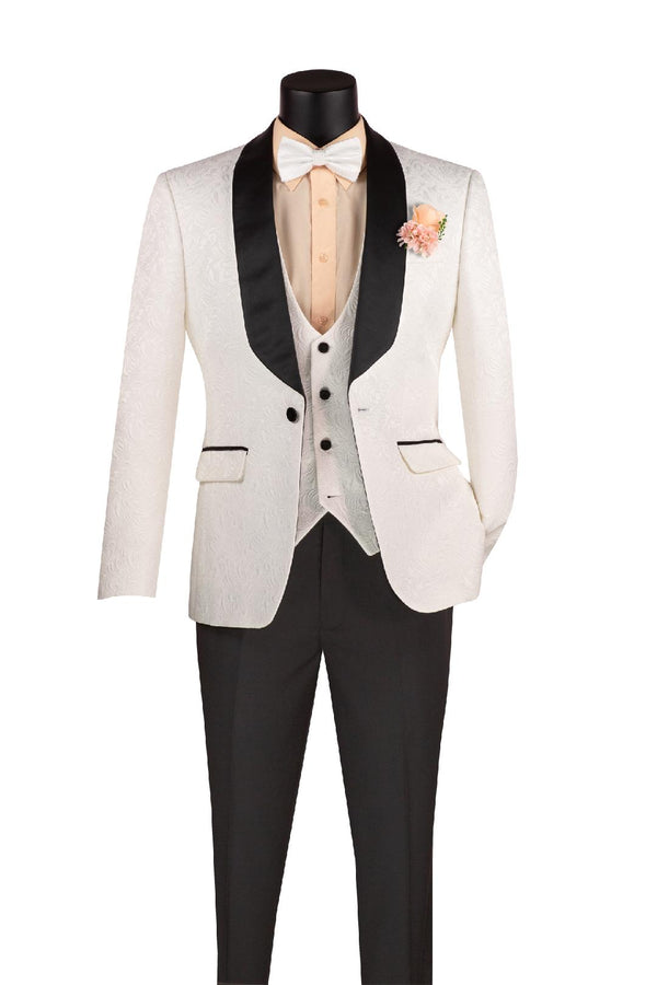 White Slim Fit 3 pcs Jacquard Fabric Single Button Vested Fashion Tuxedo Solid Black Pants