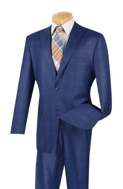 Pommy Collection - Men's Glen Plaid Dress Suit 2 Piece Regular Fit in Blue - Suits99